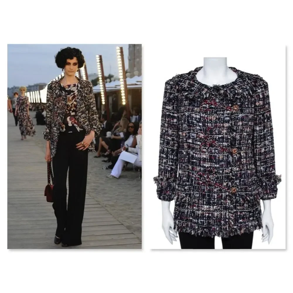CHANEL 10C Runway Tweed Jacket Crystal Embroidered Fringe IT 42 Karl Lagerfeld